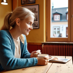 **A blogger connecting with readers at a cozy Swedish cafe. Focus on warmth, natural light, and genuine interaction.** (This visualizes the importance of engagement and relationships).
