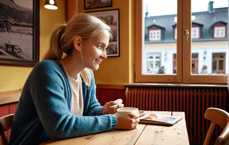 **A blogger connecting with readers at a cozy Swedish cafe. Focus on warmth, natural light, and genuine interaction.** (This visualizes the importance of engagement and relationships).
